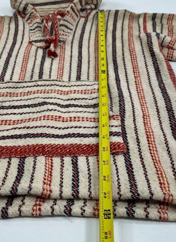 Vintage Men's Cream & Red Striped Woven Pullover Cotton Hoodie - Size Medium - Image 7