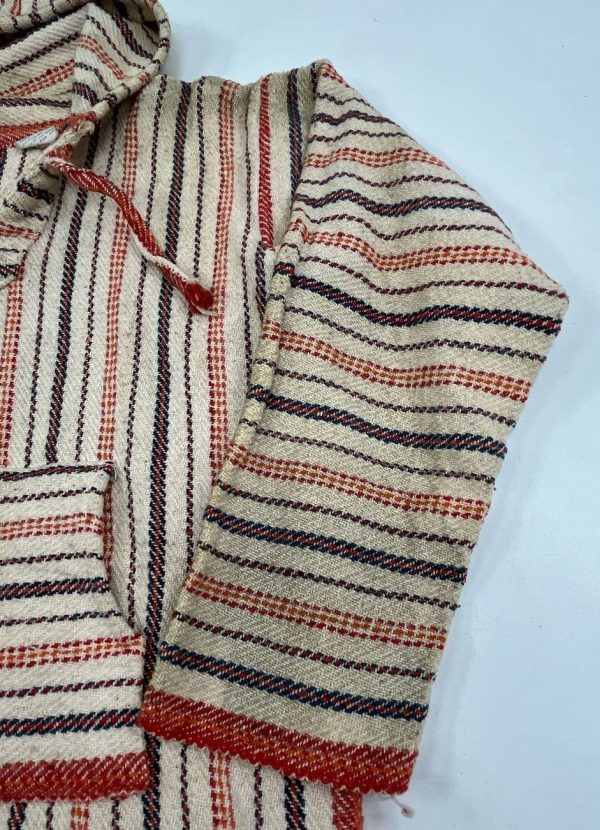 Vintage Men's Cream & Red Striped Woven Pullover Cotton Hoodie - Size Medium - Image 3