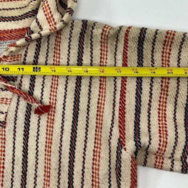 Vintage Men's Cream & Red Striped Woven Pullover Cotton Hoodie - Size Medium - Image 5