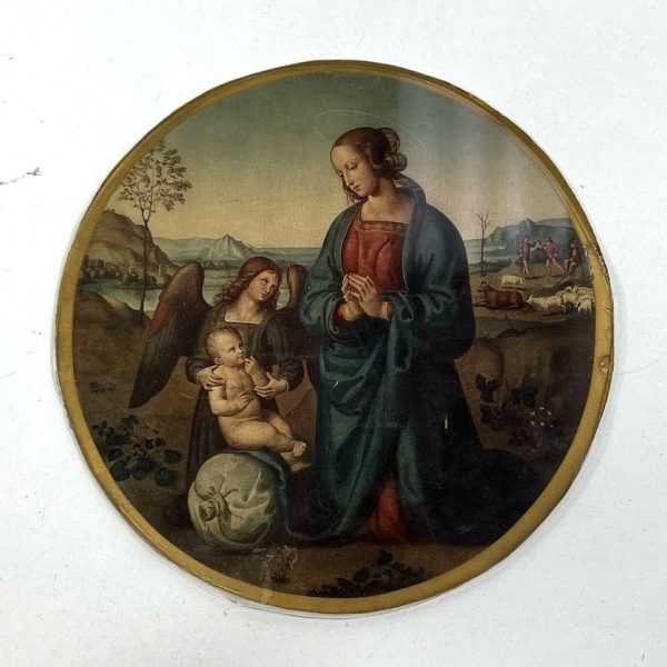 Vintage Print of Madonna & Child with Circular Glass & Paper Mat Provenance