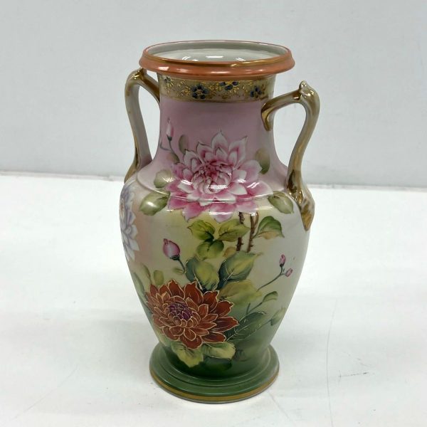 Collectible Tonina Hand Painted Nippon Floral Vase 2 Handles Gold Accent *CRACK*