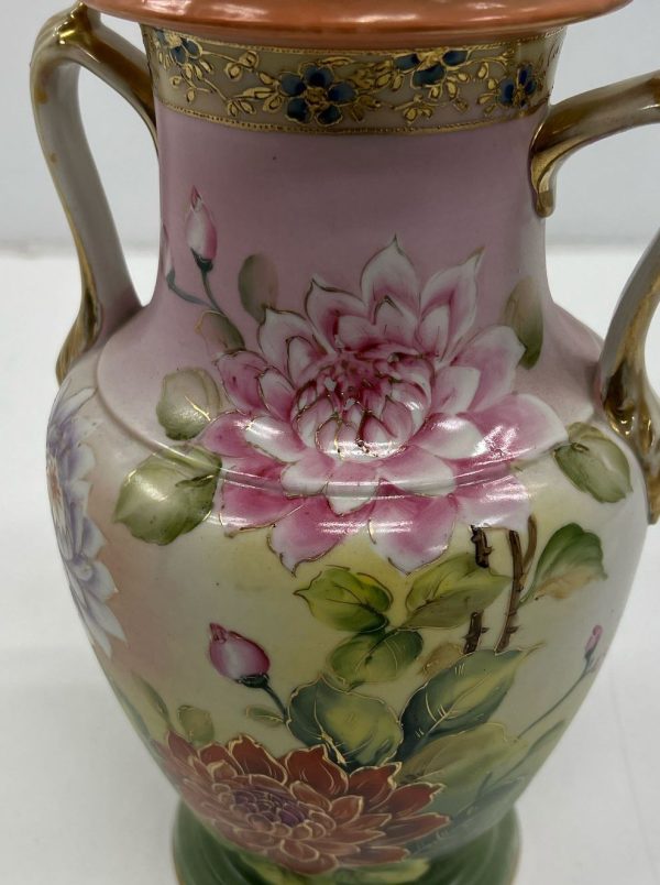 Collectible Tonina Hand Painted Nippon Floral Vase 2 Handles Gold Accent *CRACK* - Image 4