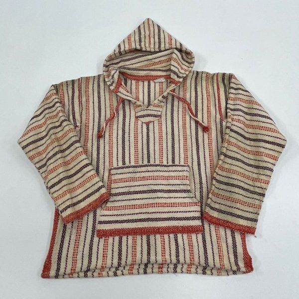 Vintage Men's Cream & Red Striped Woven Pullover Cotton Hoodie - Size Medium