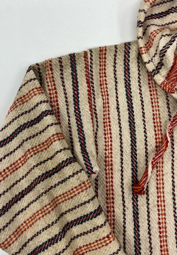 Vintage Men's Cream & Red Striped Woven Pullover Cotton Hoodie - Size Medium - Image 2