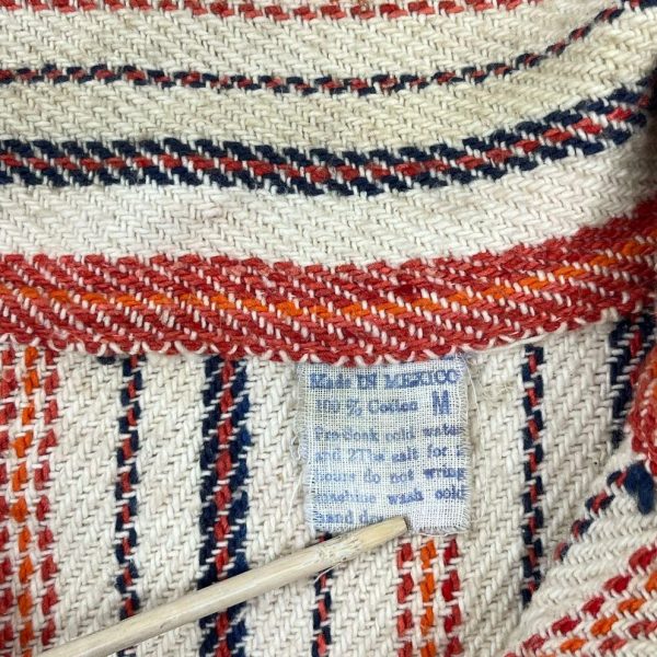 Vintage Men's Cream & Red Striped Woven Pullover Cotton Hoodie - Size Medium - Image 4